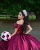 Metallic Sequin Sweetheart Neck Burgundy Quince Dresses Lace Appliques Off Shoulder 15 Dress