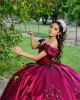 Metallic Sequin Sweetheart Neck Burgundy Quince Dresses Lace Appliques Off Shoulder 15 Dress