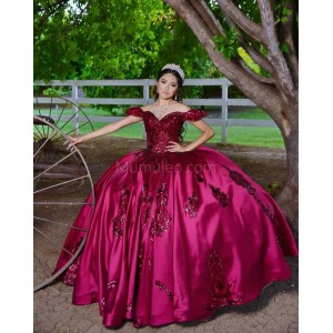 Metallic Sequin Sweetheart Neck Burgundy Quince Dresses Lace Appliques Off Shoulder 15 Dress