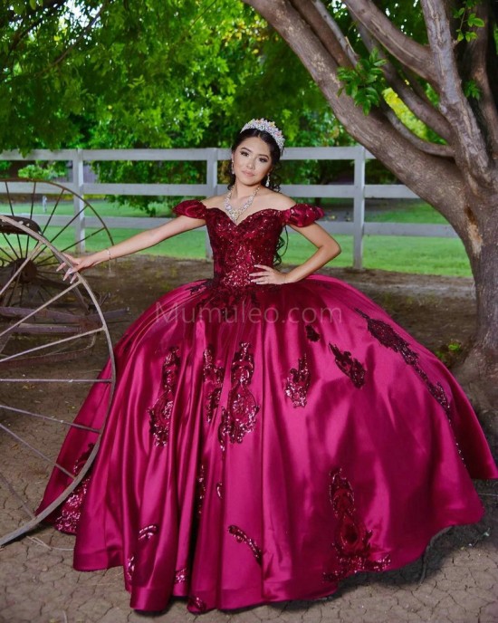 Metallic Sequin Sweetheart Neck Burgundy Quince Dresses Lace Appliques Off Shoulder 15 Dress