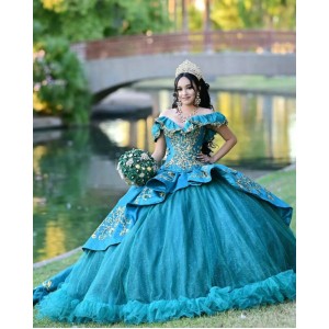 Off Shoulder Aqua Quince Dresses Lace Appliques V Neck 15 Dress