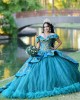 Off Shoulder Aqua Quince Dresses Lace Appliques V Neck 15 Dress