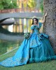 Off Shoulder Aqua Quince Dresses Lace Appliques V Neck 15 Dress