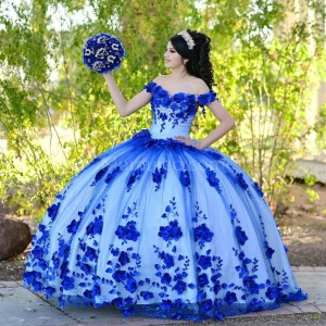 Off Shoulder Blue On White Quinceanera Dress Sweetheart Neck 15 Dresses With 3D Flowers