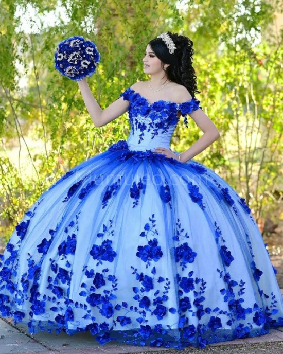 Off Shoulder Blue On White Quinceanera Dress Sweetheart Neck 15 Dresses With 3D Flowers