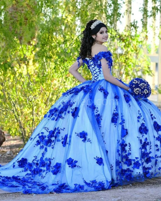 Off Shoulder Blue On White Quinceanera Dress Sweetheart Neck 15 Dresses With 3D Flowers