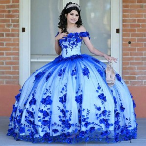 Off Shoulder Blue On White Quinceanera Dress Sweetheart Neck 15 Dresses With 3D Flowers