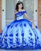 Off Shoulder Blue On White Quinceanera Dress Sweetheart Neck 15 Dresses With 3D Flowers