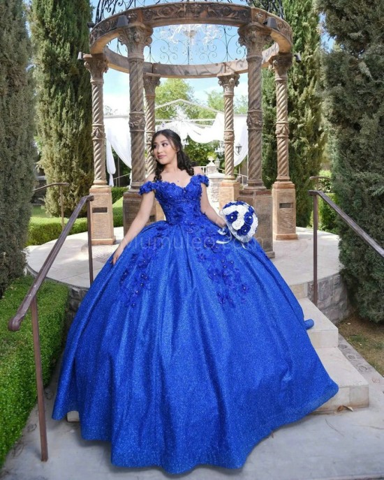 Off Shoulder Blue Quince Dresses Sequin Sweetheart Neck 15 Dress With 3D Flowers