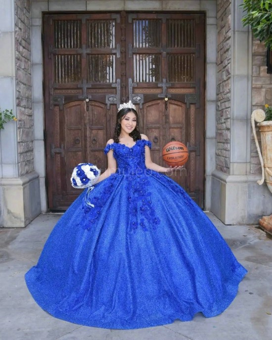 Off Shoulder Blue Quince Dresses Sequin Sweetheart Neck 15 Dress With 3D Flowers