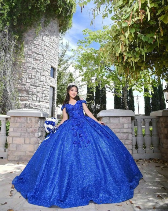 Off Shoulder Blue Quince Dresses Sequin Sweetheart Neck 15 Dress With 3D Flowers