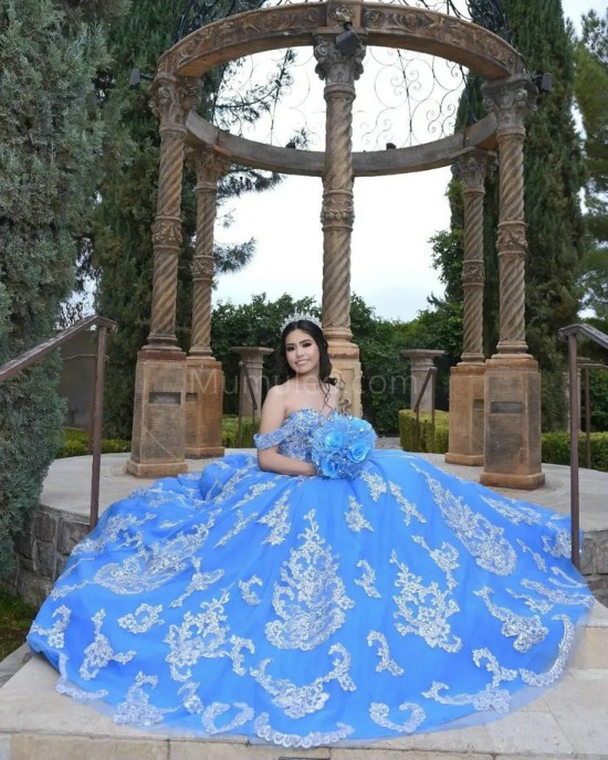 Off Shoulder Blue Quinceanera Dress Metallic Sequin Sweetheart Neck 15 Dresses