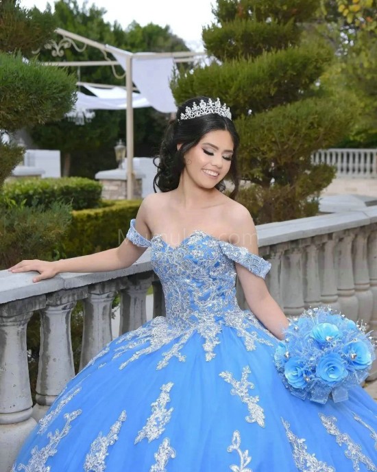 Off Shoulder Blue Quinceanera Dress Metallic Sequin Sweetheart Neck 15 Dresses