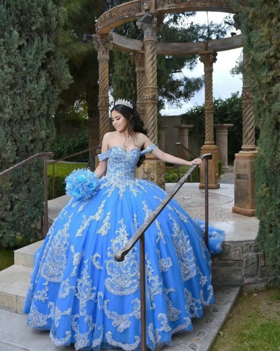 Off Shoulder Blue Quinceanera Dress Metallic Sequin Sweetheart Neck 15 Dresses