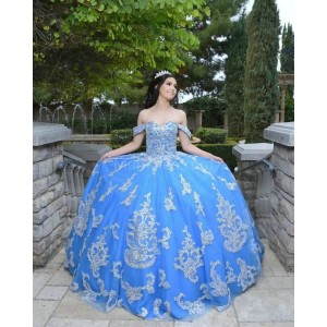 Off Shoulder Blue Quinceanera Dress Metallic Sequin Sweetheart Neck 15 Dresses