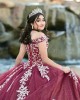 Off Shoulder Burgundy Quince Dresses Lace Appliques Scoop Neck 15 Dress