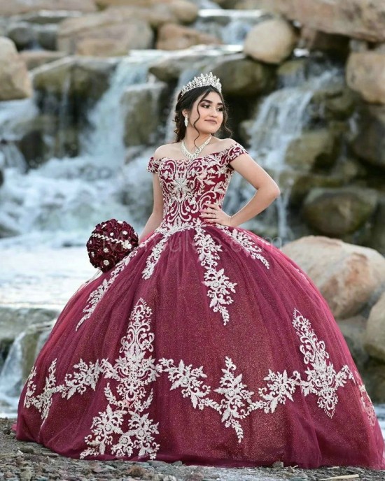 Off Shoulder Burgundy Quince Dresses Lace Appliques Scoop Neck 15 Dress