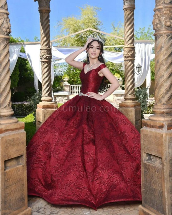 Off Shoulder Burgundy Quince Dresses V Neck 15 Dress