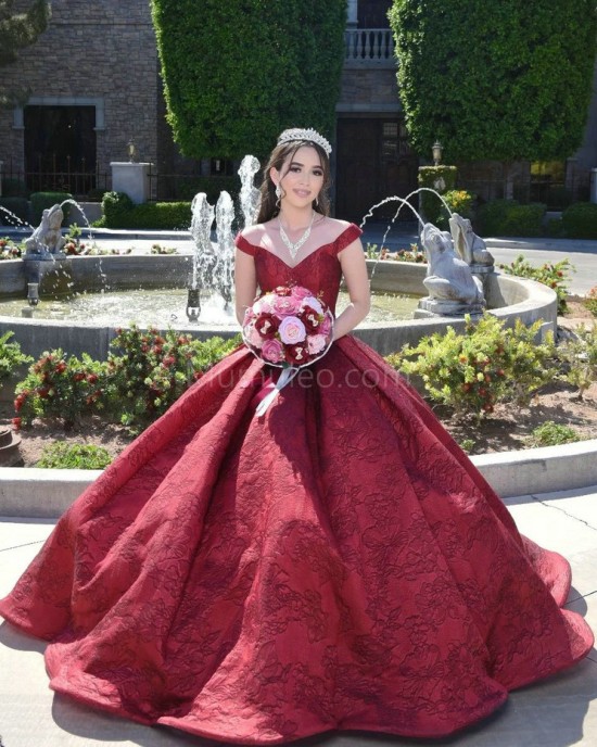 Off Shoulder Burgundy Quince Dresses V Neck 15 Dress