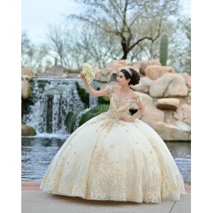 Off Shoulder Champagne Quinceanera Dress Metallic Sequin Sweetheart Neck 15 Dresses