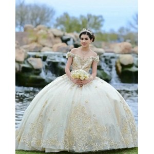 Off Shoulder Champagne Quinceanera Dress Metallic Sequin Sweetheart Neck 15 Dresses