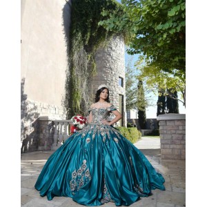 Off Shoulder Emerald Green Quince Dresses Lace Appliques Sweetheart Neck 15 Dress