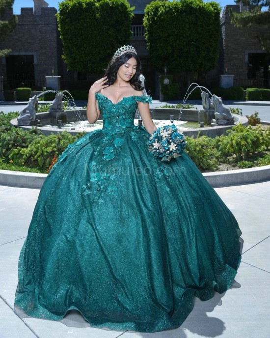 Off Shoulder Emerald Green Quince Dresses Sequin Sweetheart Neck 15 Dress With 3D Flowers