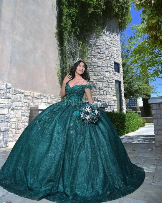 Off Shoulder Emerald Green Quince Dresses Sequin Sweetheart Neck 15 Dress With 3D Flowers