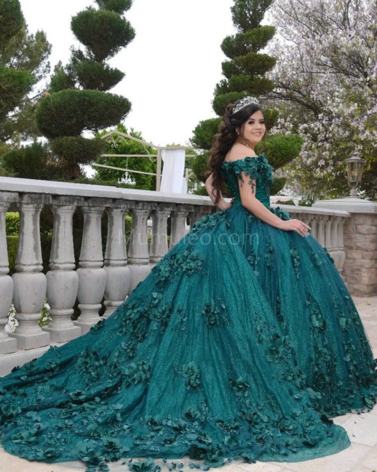 Off Shoulder Emerald Green Quince Dresses V Neck 15 Dress With 3D Flowers