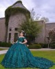 Off Shoulder Emerald Green Quince Dresses V Neck 15 Dress With 3D Flowers