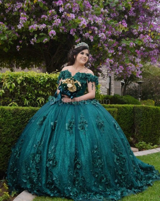 Off Shoulder Emerald Green Quince Dresses V Neck 15 Dress With 3D Flowers