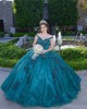 Off Shoulder Emerald Green Quinceanera Dress Lace Appliques V Neck 15 Dresses