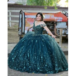 Off Shoulder Emerald Green Quinceanera Dress Lace Appliques V Neck 15 Dresses With 3D Flowers