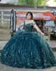 Off Shoulder Emerald Green Quinceanera Dress Lace Appliques V Neck 15 Dresses With 3D Flowers