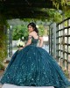 Off Shoulder Emerald Green Quinceanera Dress Lace Appliques V Neck 15 Dresses With 3D Flowers