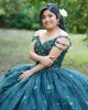 Off Shoulder Emerald Green Quinceanera Dress Lace Appliques V Neck 15 Dresses With 3D Flowers