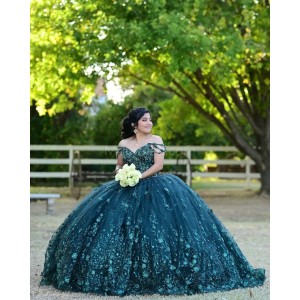 Off Shoulder Emerald Green Quinceanera Dress Lace Appliques V Neck 15 Dresses With 3D Flowers