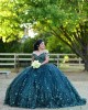 Off Shoulder Emerald Green Quinceanera Dress Lace Appliques V Neck 15 Dresses With 3D Flowers