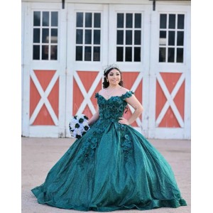 Off Shoulder Emerald Green Quinceanera Dress Metallic Sequin Sweetheart Neck 15 Dresses With 3D Flowers