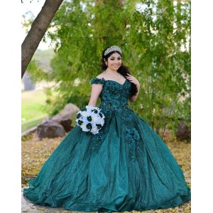 Off Shoulder Emerald Green Quinceanera Dress Metallic Sequin Sweetheart Neck 15 Dresses With 3D Flowers