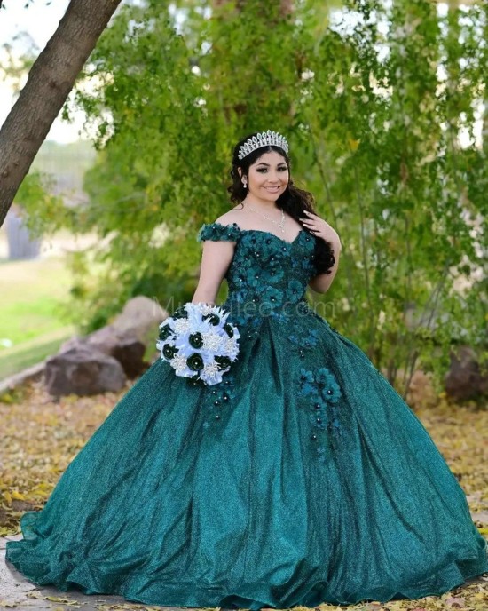 Off Shoulder Emerald Green Quinceanera Dress Metallic Sequin Sweetheart Neck 15 Dresses With 3D Flowers