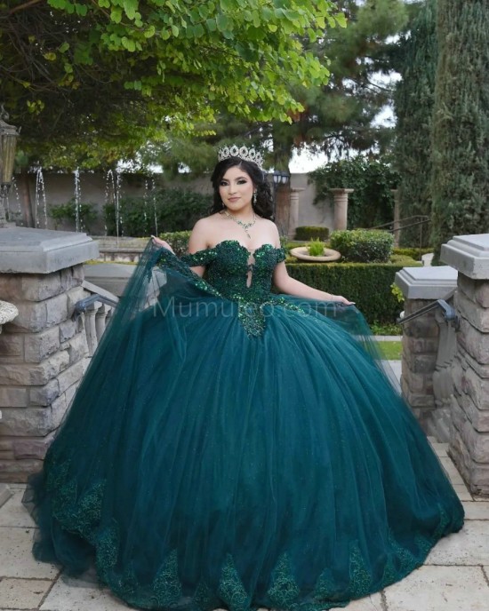 Off Shoulder Emerald Green Quinceanera Dress Sweetheart Neck Lace Appliques 15 Dresses