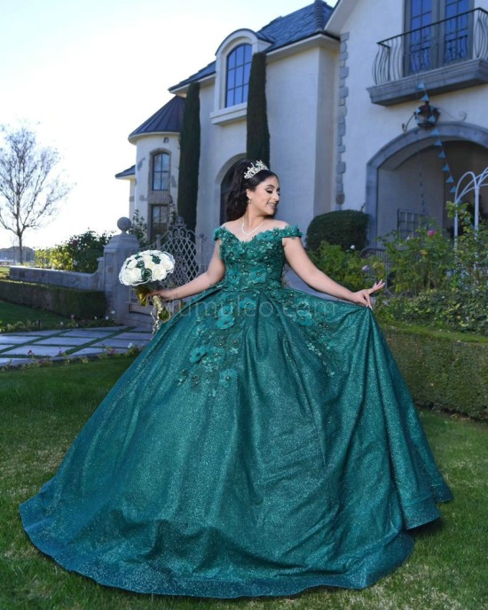 Off Shoulder Emerald Green Quinceanera Dress Sweetheart Neck Metallic Sequin 15 Dresses With 3D Flowers