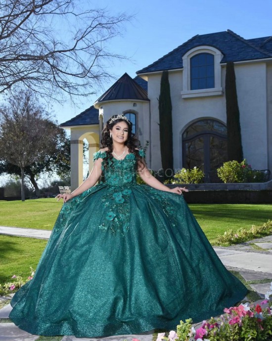 Off Shoulder Emerald Green Quinceanera Dress Sweetheart Neck Metallic Sequin 15 Dresses With 3D Flowers