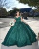 Off Shoulder Emerald Green Quinceanera Dress Sweetheart Neck Metallic Sequin 15 Dresses With 3D Flowers