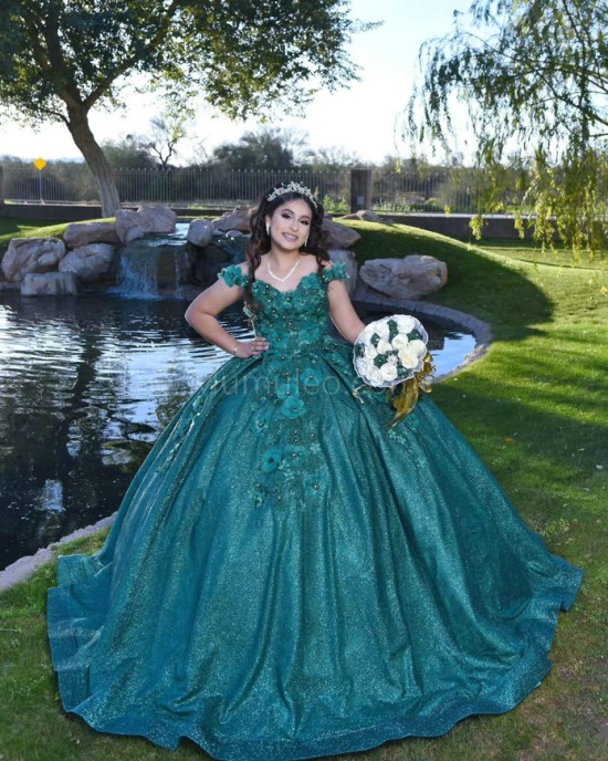 Off Shoulder Emerald Green Quinceanera Dress Sweetheart Neck Metallic Sequin 15 Dresses With 3D Flowers