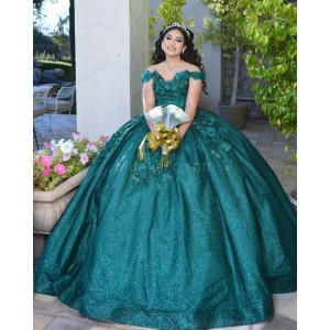 Off Shoulder Emerald Green Quinceanera Dress Sweetheart Neck Metallic Sequin 15 Dresses With 3D Flowers