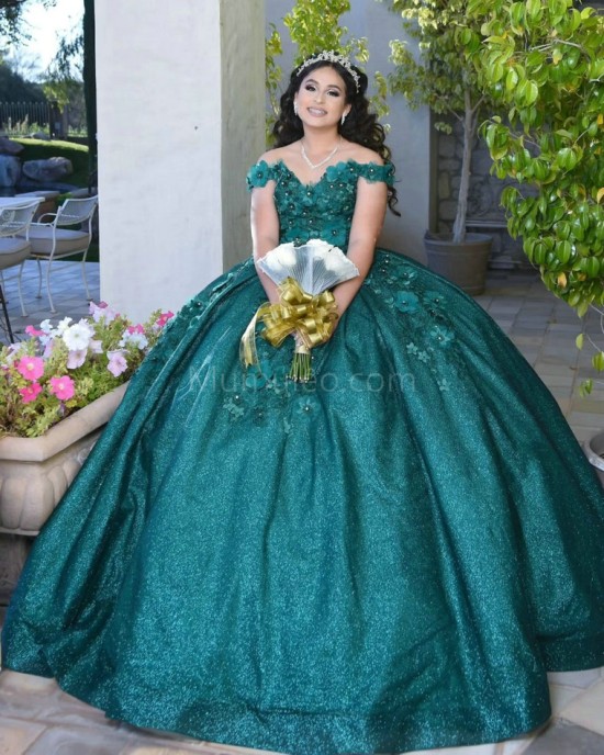 Off Shoulder Emerald Green Quinceanera Dress Sweetheart Neck Metallic Sequin 15 Dresses With 3D Flowers