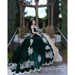 Off Shoulder Emerald Green Quinceanera Dress Sweetheart Neck Metallic Sequin 15 Dresses