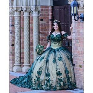 Off Shoulder Green On Nude Quinceanera Dress Sweetheart Neck 15 Dresses With 3D Flowers